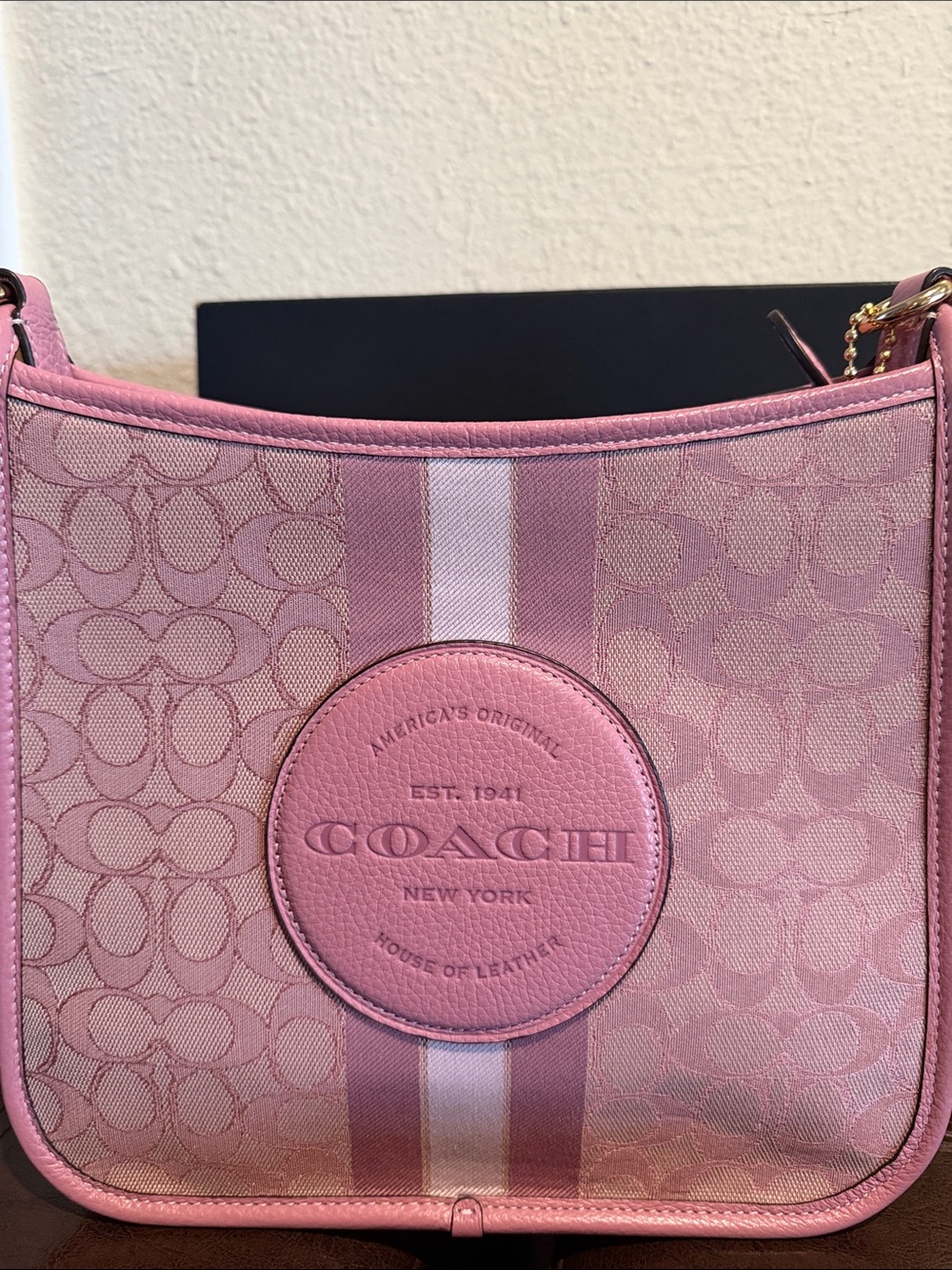 Coach Pink Signature Stripe Crossbody with Leather Trim